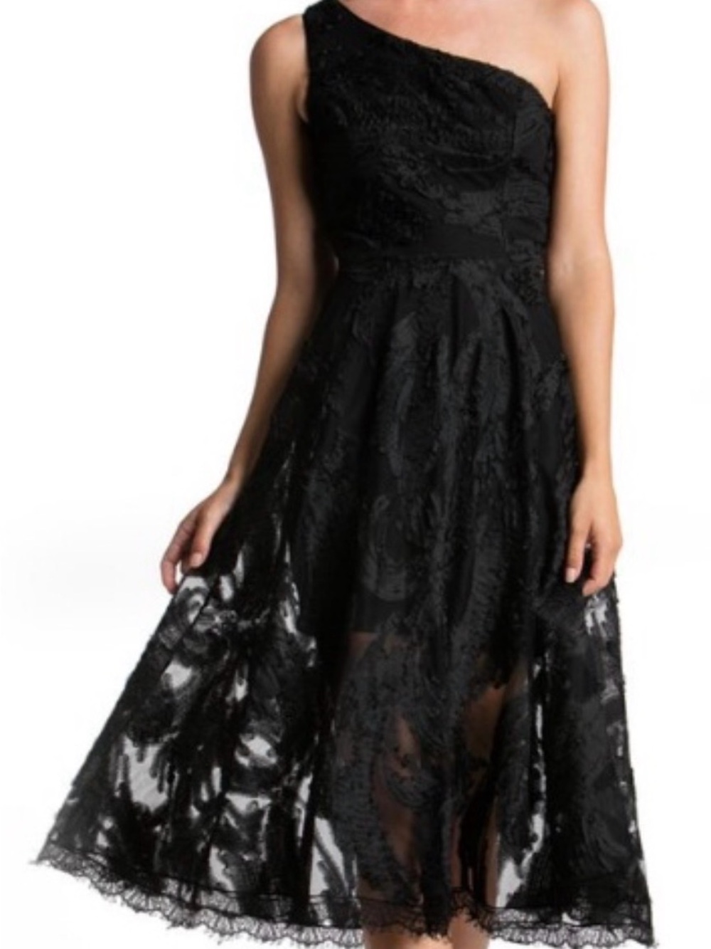 Dress the Population Black One-Shoulder Lace Midi Dress